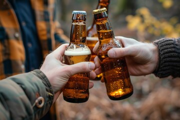Close-up of friends clinking beer bottles together in an outdoor setting, celebrating a moment.