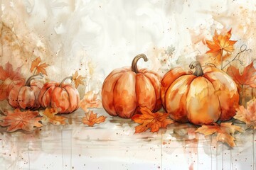 A group of pumpkins surrounded by autumn leaves, set against a light watercolor background with a soft gradient.