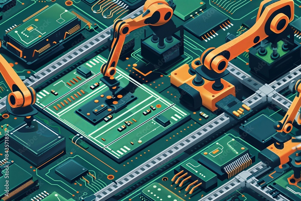 Aufkleber Digital technology circuit board with electronic components. Blue abstract background, showcasing processors and chips. Perfect for computer engineering and hardware design