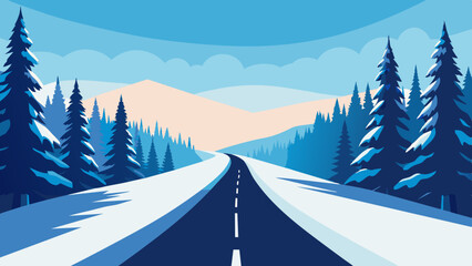 Landscape of a winter road in a pine forest and snowy weather vector  illustration 