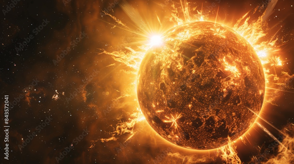 Poster dramatic solar activity with flares and eruptions on the sun's surface. representation of the sun's 