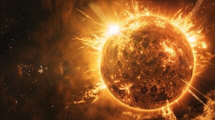 Obraz premium Dramatic solar activity with flares and eruptions on the sun's surface. Representation of the sun's magnetic storms and their impact on Earth's geomagnetic environment