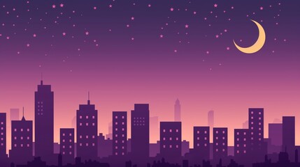 Naklejka premium City skyline at dawn with crescent moon and stars on a pink background