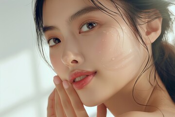 Young Asian woman with smooth and healthy skin. Pretty and attractive, showcasing the benefits of skincare and wellness. Perfect for makeup and facial treatments, highlighting
