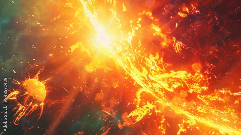 Poster Dramatic scene of the sun's explosive flares and magnetic storms lighting up the solar system. Showcases the power of solar activity and geomagnetic storms. Ideal for space and science-related content