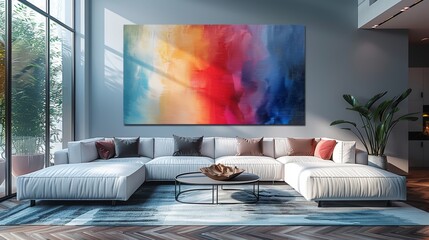 Beautiful interior design with pastel blue and pink marble abstract paintings on the wall above a white sofa