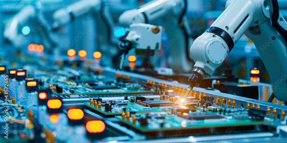 Poster Industrial factory with advanced technology and automation. Robots and machines work together in modern production processes. Engineers and operators control the system, ensuring