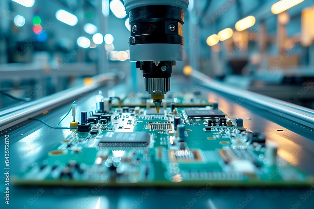 Poster Electronics and technology in an industrial setting. Detailed view of circuit boards and microchips. Perfect for engineering and manufacturing themes, showcasing the complexity of