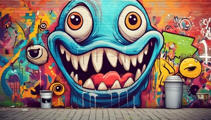Obraz premium Street art composition with cartoon monster character, graffiti style