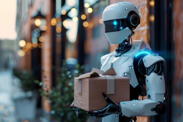 Naklejka premium Robot Delivering Package on Street, High-Tech Logistics