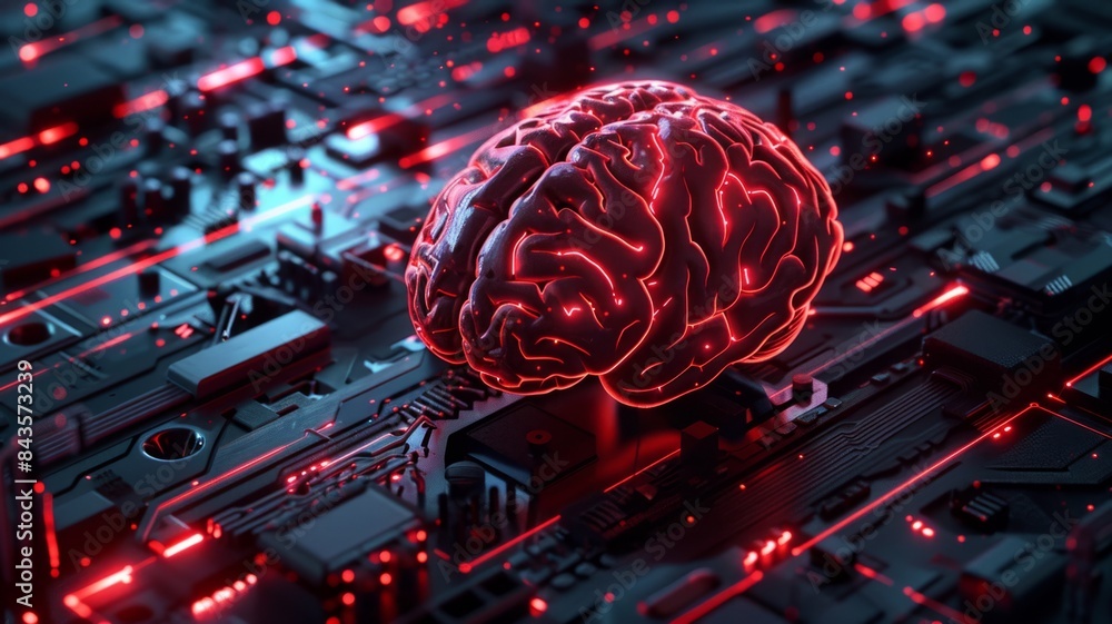 Poster brain illuminated on electronic motherboard background - the image showcases a brain highlighted wit