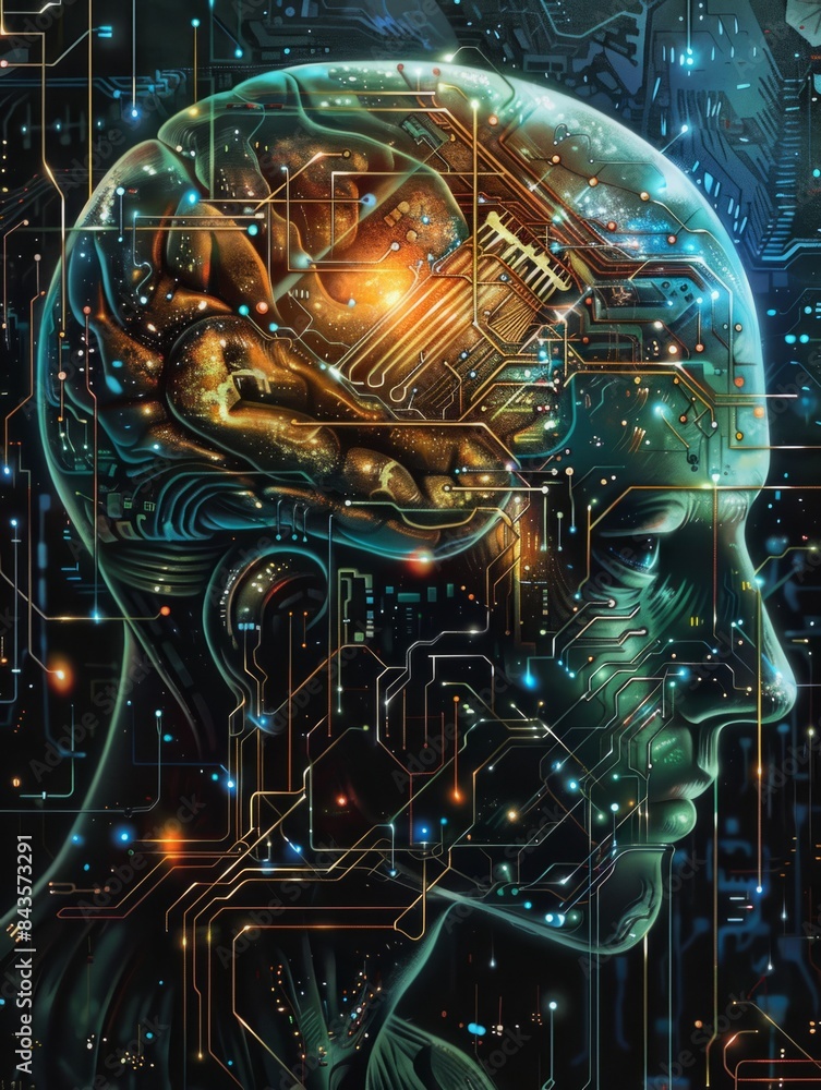 Poster futuristic cyberbrain concept artwork - the image showcases an intricate digital painting merging hu