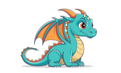 Vector cartoon cute cuddly green dragon cub with wings. Kawaii fairy tale magical creature. The legendary kind little animal. White isolated background.