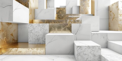 white geometric background with a golden cubes pattern. Minimalist wallpaper design for wall decoration,