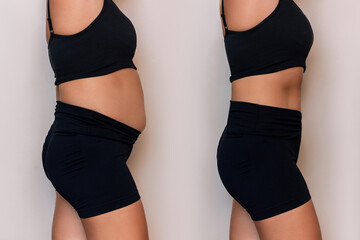 Collage of a woman in a black sportswear with a fat belly and toned slim abdomen before and after losing weight on gray background. Result of diet, training. Getting rid of overweight. Comparison