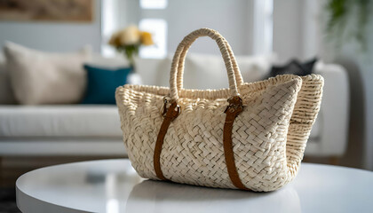 Fototapeta premium a woven bag lying on a white surface, with a minimalist home interior featuring white furniture softly blurred in the background..wicker chair on the table
