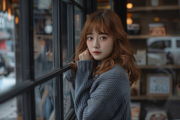 a woman leaning against a window looking out