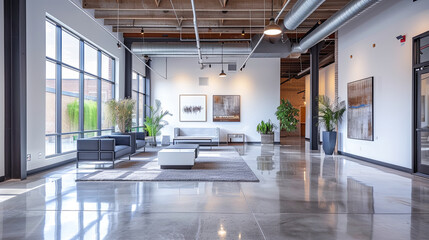 Modern living room interior with white walls and tiled floor. Nobody inside