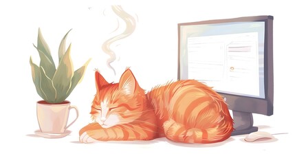 Lazy Ginger Cat Relaxing on Desk with Computer and Houseplant in Cozy Home Office Setting