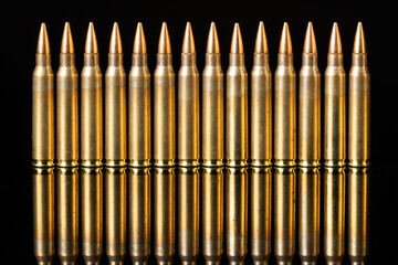 A row of eight rifle bullets stand upright in a straight line on a reflective surface. In front of it, a ball lies on its side and also shows its reflection. The background is black.