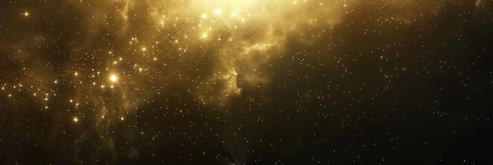 Obraz premium A dark space backdrop features golden stars and a nebula, creating an ethereal atmosphere, softly illuminated by sunlight.