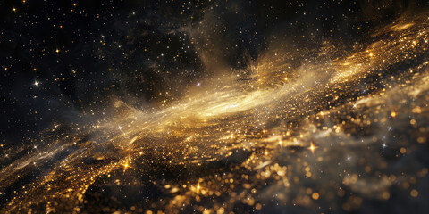 Against a dark backdrop, a galaxy of stars glows in golden hues, creating an enchanting and mysterious atmosphere.