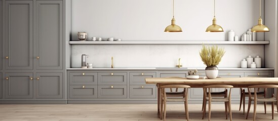 Front view of elegant interior with drawers and kitchen table