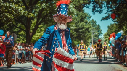 Fototapeta premium Celebration of National Independence Day with vibrant parade, featuring colorful costumes and cheerful participants marching down the street.