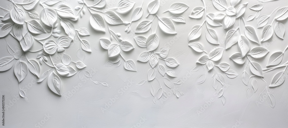 Sticker White wall background with embossed pattern of leaves.