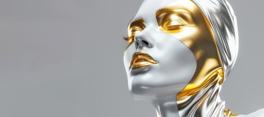 A beautiful woman, with shiny white and gold skin, strikes a fashionable pose against a background, embodying a futuristic fashion style.
