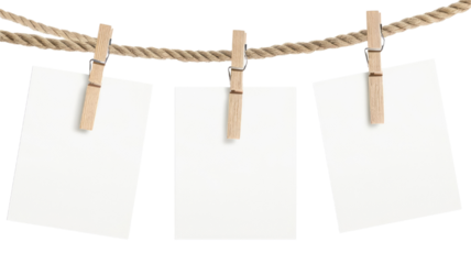 White photo paper cards with a wooden clothespin on a rope against a transparent background in a simple illustration.
