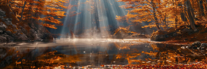 A misty autumn forest features golden leaves, sun rays breaking through the fog, and trees standing on both sides of a pond, creating a magical atmosphere.