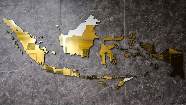 Photo of a shiny gold wall decoration in the shape of a geographical map of Indonesia with a dark gray marble texture background.