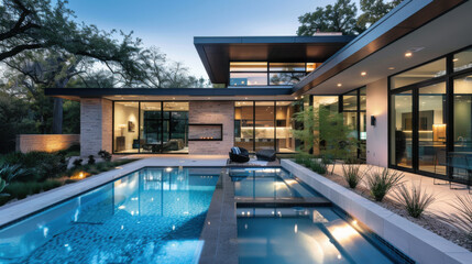 Contemporary luxury home featuring expansive windows and a beautiful swimming pool, captured at dusk for a serene atmosphere.