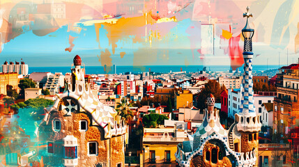 Trendy photo collage of Barcelona with colorful art. 
Colorful buildings in center of Barcelona. Collage. Art design. Generative AI.