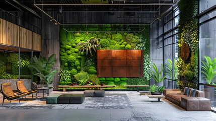 Naklejka premium 3D rendering of the interior of a modern office with plants and furniture