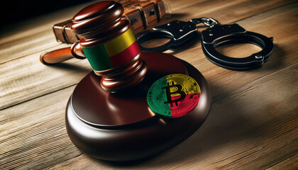 Legal implications of Bitcoin: A gavel, handcuffs, and Bitcoin symbol under the Benin flag, highlighting regulatory challenges
