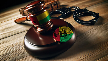 Legal implications of Bitcoin: A gavel, handcuffs, and Bitcoin symbol under the Guinea-Bissau flag, highlighting regulatory challenges