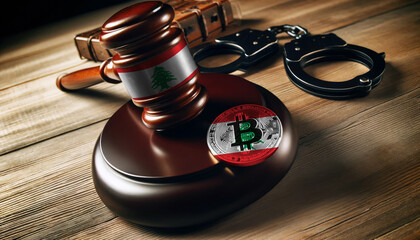 Legal implications of Bitcoin: A gavel, handcuffs, and Bitcoin symbol under the Lebanon flag, highlighting regulatory challenges