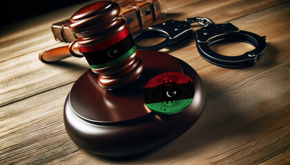Legal implications of Bitcoin: A gavel, handcuffs, and Bitcoin symbol under the Libya flag, highlighting regulatory challenges