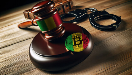 Legal implications of Bitcoin: A gavel, handcuffs, and Bitcoin symbol under the Mali flag, highlighting regulatory challenges