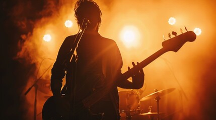 Silhouette of a bassist rocking out with stage lights behind