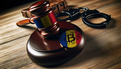Legal implications of Bitcoin: A gavel, handcuffs, and Bitcoin symbol under the Romania flag, highlighting regulatory challenges