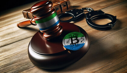 Legal implications of Bitcoin: A gavel, handcuffs, and Bitcoin symbol under the Sierra Leone flag, highlighting regulatory challenges
