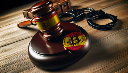 Legal implications of Bitcoin: A gavel, handcuffs, and Bitcoin symbol under the Spain flag, highlighting regulatory challenges