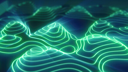 Green looped futuristic hi-tech landscape with mountains and canyons from glowing energy circles and magic lines. Abstract background
