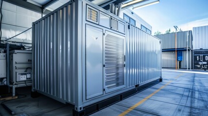 Modern Industrial Shipping Container in a Warehouse Setting with High-Tech Equipment and Clean Design