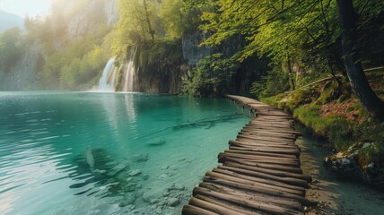 Fototapeta premium Serene Wooden Pathway Along Turquoise Lake with Waterfall in Lush Green Forest - Tranquil Nature Scene Perfect for Travel, Adventure, and Relaxation Themes
