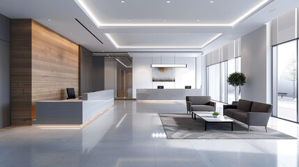 Fototapeta premium Interior of modern office lobby with white and wooden walls, tiled floor and reception desk. 3d rendering