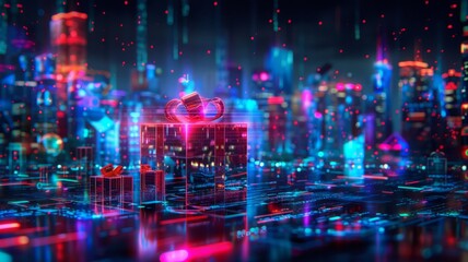 Fototapeta premium Futuristic Cityscape with Neon Lights and Digital Elements, Featuring Floating Cubes and a Vibrant Skyline at Night